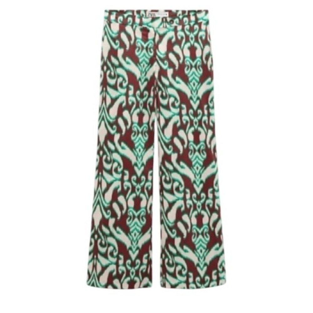Zara Pants‎ Women's Sz M Green Brown Wide Leg Festival Cotton Boho Hippie NEW